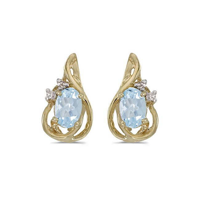 14k Yellow Gold Oval Aquamarine And Diamond Teardrop Earrings