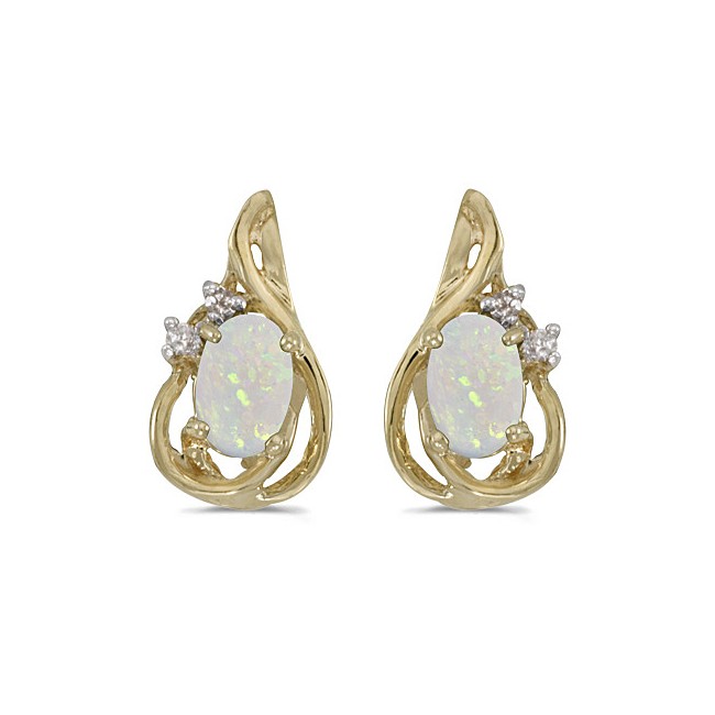 14k Yellow Gold Oval Opal And Diamond Teardrop Earrings