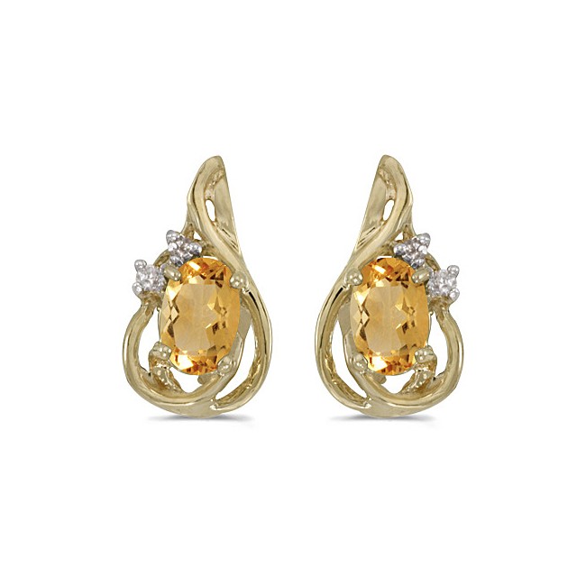 14k Yellow Gold Oval Citrine And Diamond Teardrop Earrings