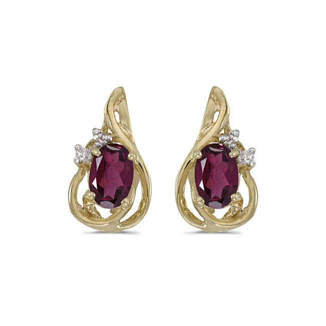 14k Yellow Gold Oval Rhodolite Garnet And Diamond Teardrop Earrings