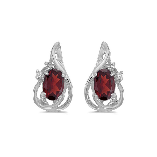 14k White Gold Oval Garnet And Diamond Teardrop Earrings