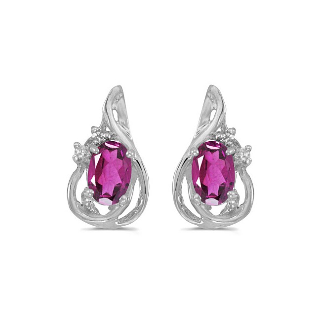 14k White Gold Oval Pink Topaz And Diamond Teardrop Earrings