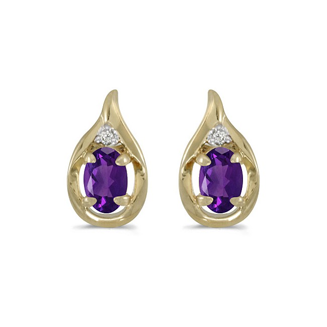 14k Yellow Gold Oval Amethyst And Diamond Earrings