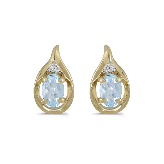 14k Yellow Gold Oval Aquamarine And Diamond Earrings