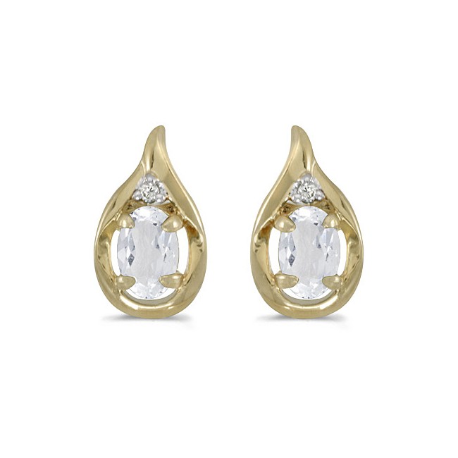 14k Yellow Gold Oval White Topaz And Diamond Earrings