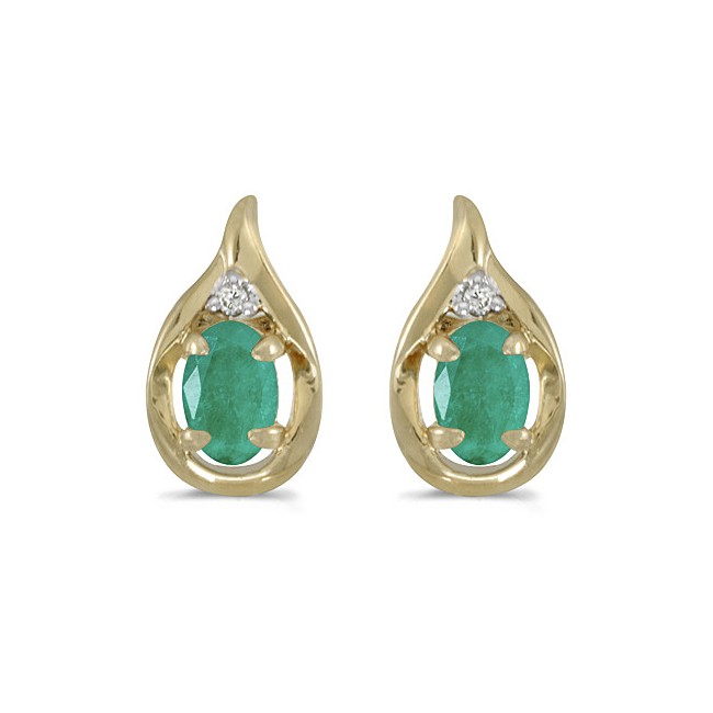 14k Yellow Gold Oval Emerald And Diamond Earrings