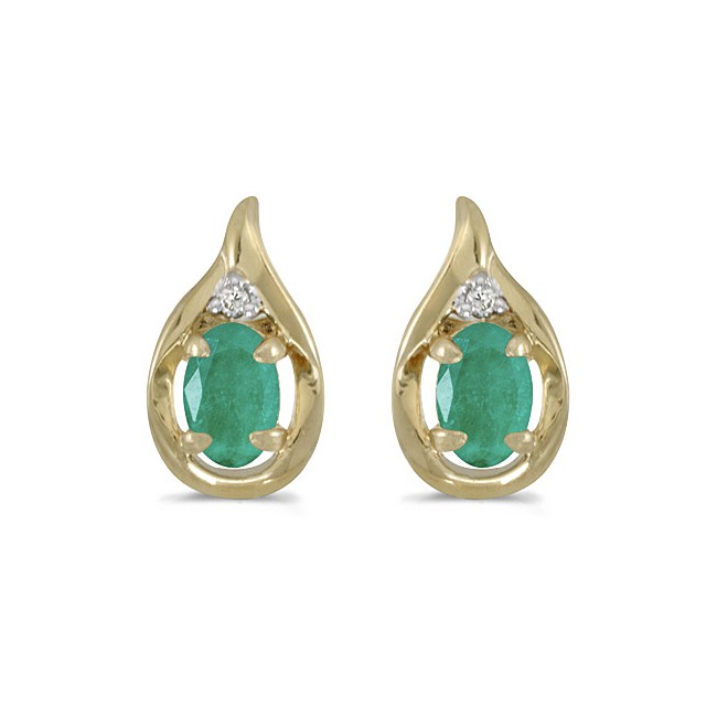 14k Yellow Gold Oval Emerald And Diamond Earrings