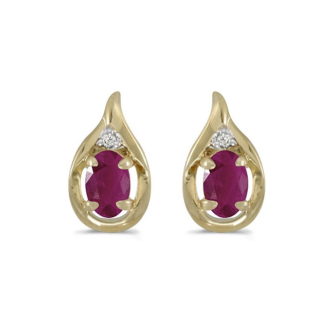 14k Yellow Gold Oval Ruby And Diamond Earrings