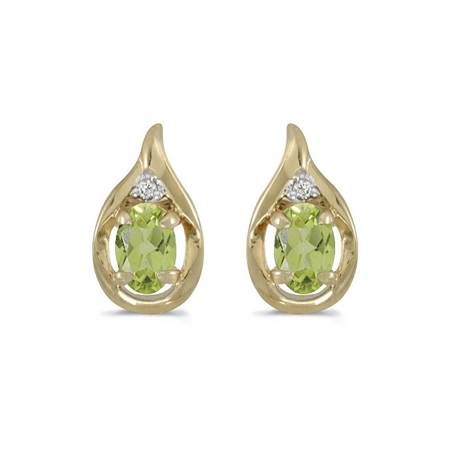 14k Yellow Gold Oval Peridot And Diamond Earrings