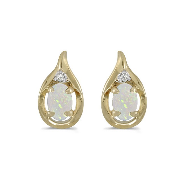 14k Yellow Gold Oval Opal And Diamond Earrings
