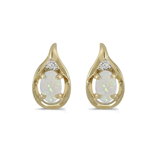 14k Yellow Gold Oval Opal And Diamond Earrings