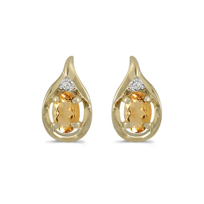 14k Yellow Gold Oval Citrine And Diamond Earrings