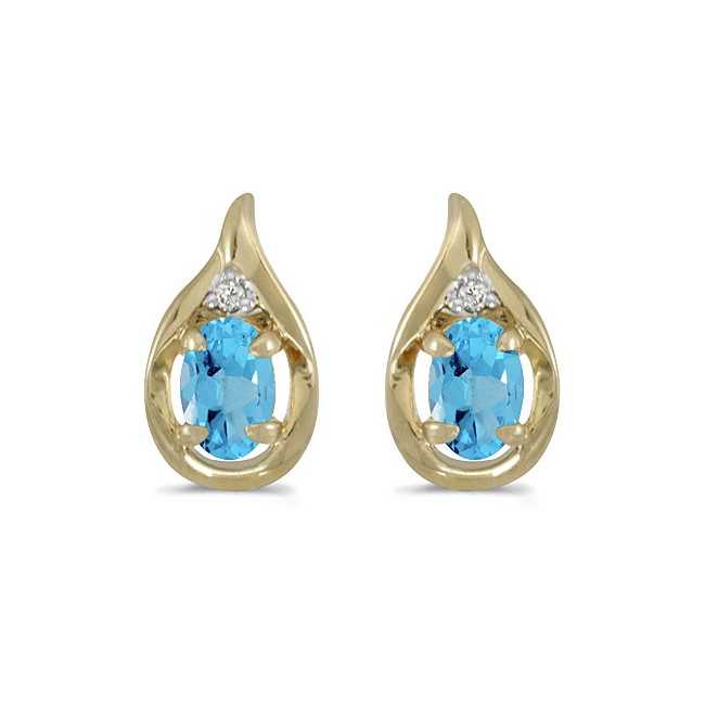 14k Yellow Gold Oval Blue Topaz And Diamond Earrings