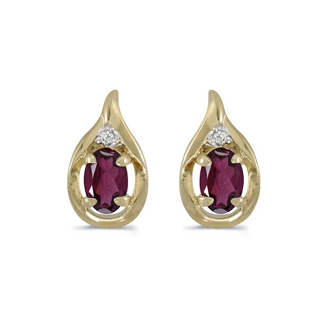 14k Yellow Gold Oval Rhodolite Garnet And Diamond Earrings