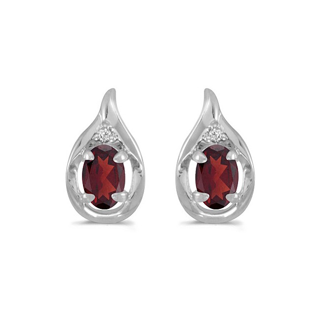 14k White Gold Oval Garnet And Diamond Earrings