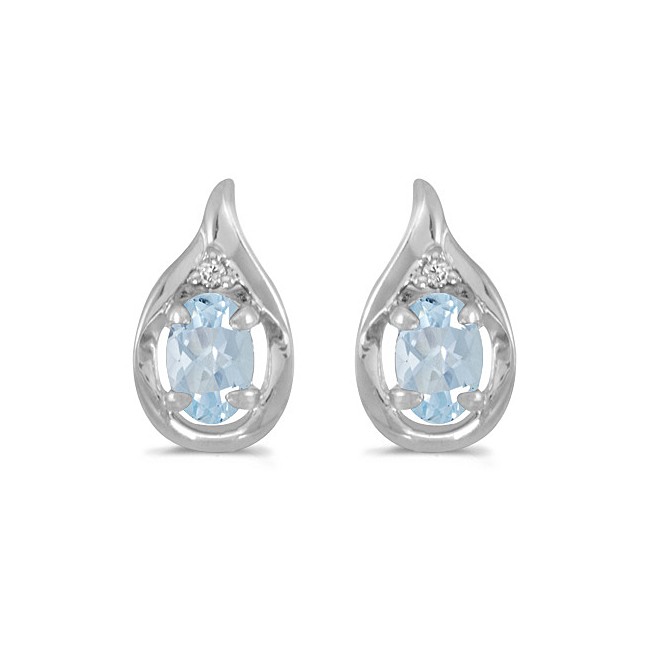 14k White Gold Oval Aquamarine And Diamond Earrings