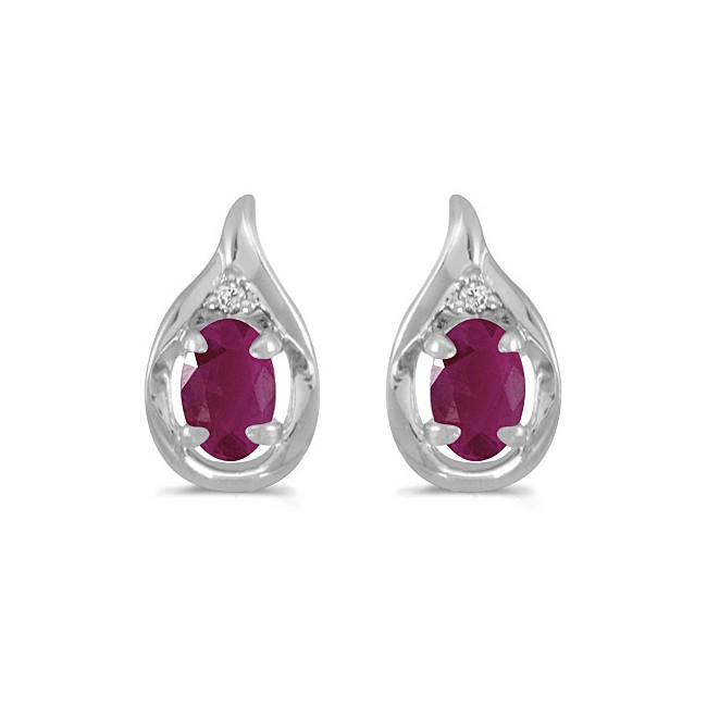 14k White Gold Oval Ruby And Diamond Earrings