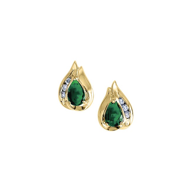 14k Yellow Gold Pear Emerald and Diamond Stud Earrings