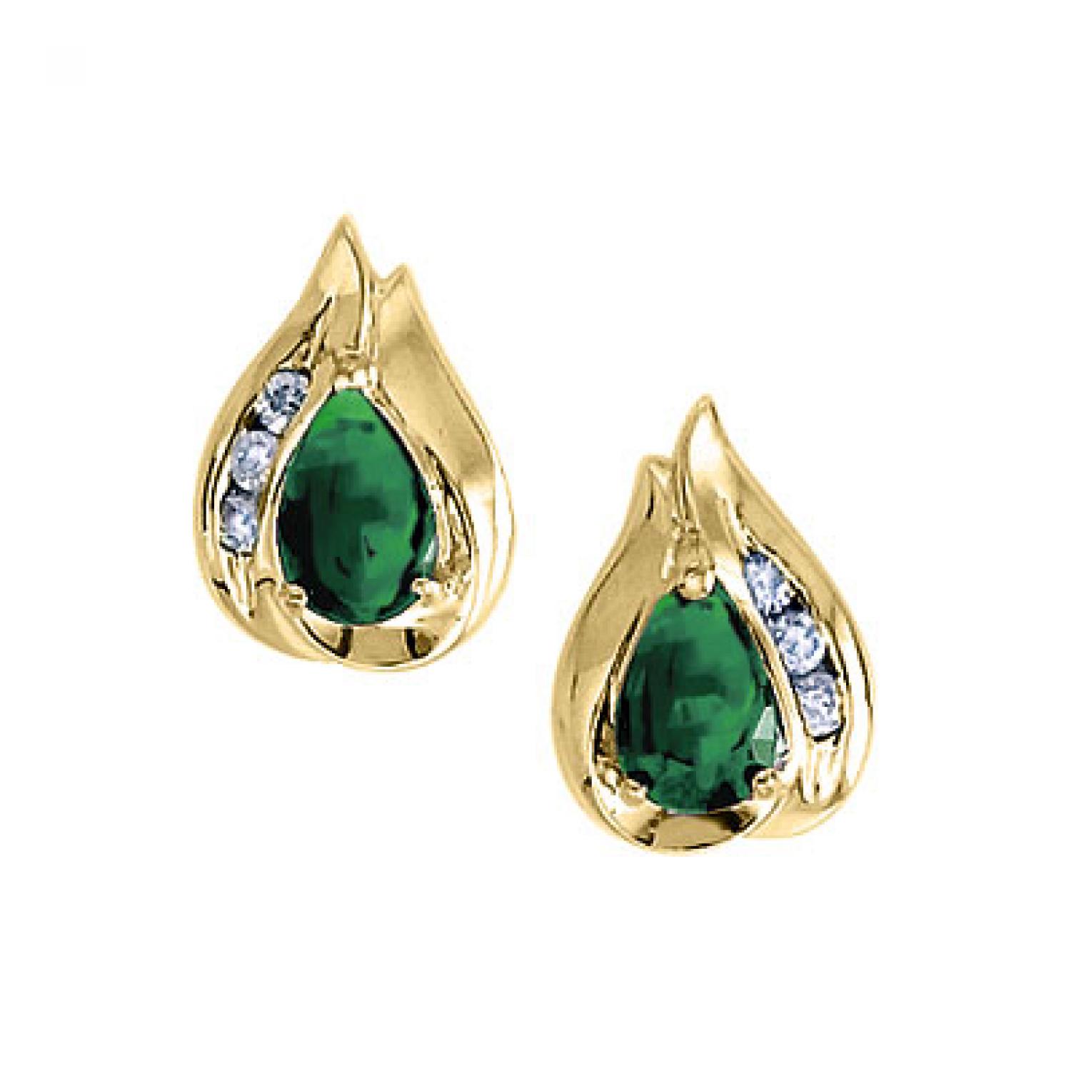 14k Yellow Gold Pear Emerald and Diamond Stud Earrings