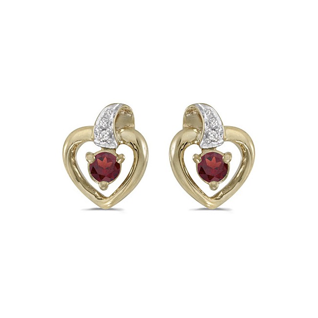 10k Yellow Gold Round Garnet And Diamond Heart Earrings
