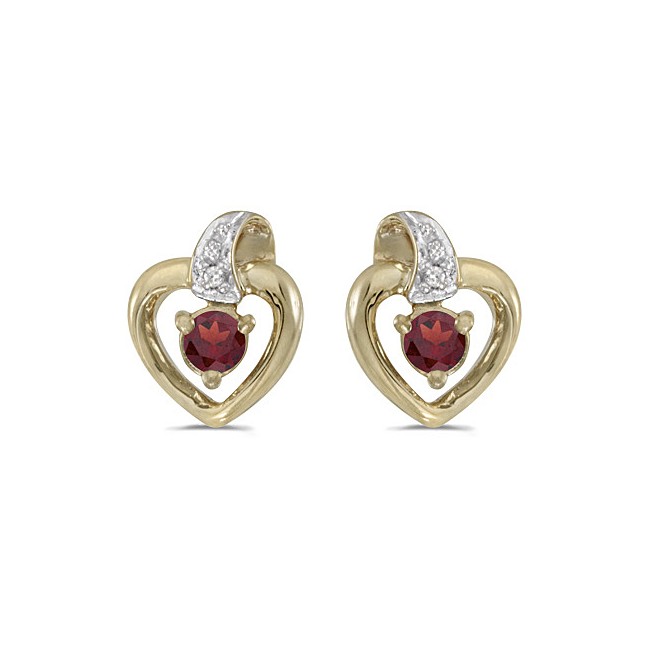 10k Yellow Gold Round Garnet And Diamond Heart Earrings