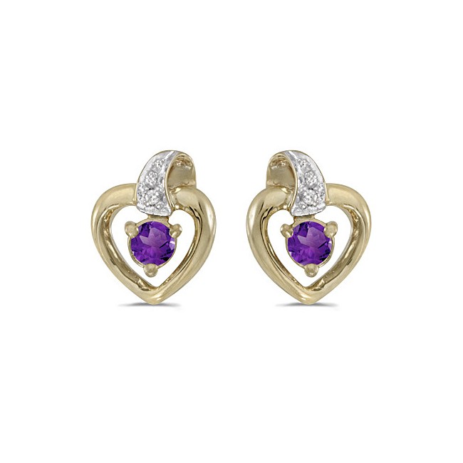 10k Yellow Gold Round Amethyst And Diamond Heart Earrings
