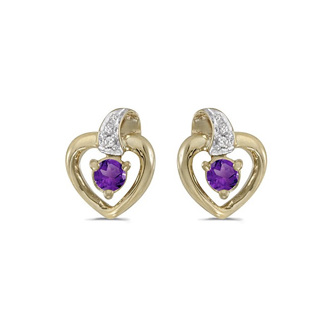 10k Yellow Gold Round Amethyst And Diamond Heart Earrings