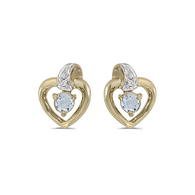10k Yellow Gold Round Aquamarine And Diamond Heart Earrings