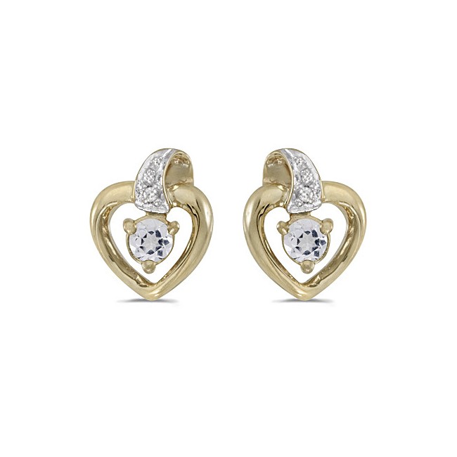 10k Yellow Gold Round White Topaz And Diamond Heart Earrings