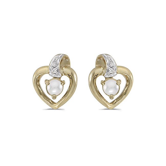10k Yellow Gold Pearl And Diamond Heart Earrings