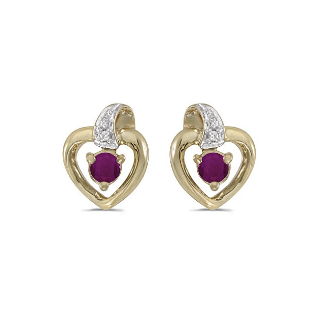 10k Yellow Gold Round Ruby And Diamond Heart Earrings