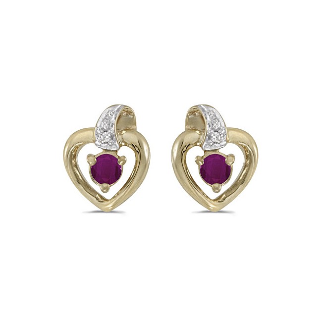 10k Yellow Gold Round Ruby And Diamond Heart Earrings