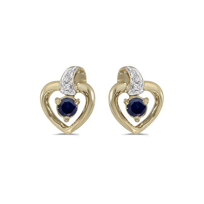 10k Yellow Gold Round Sapphire And Diamond Heart Earrings