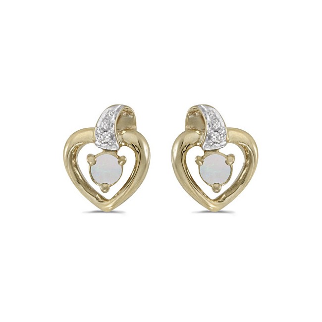 10k Yellow Gold Round Opal And Diamond Heart Earrings