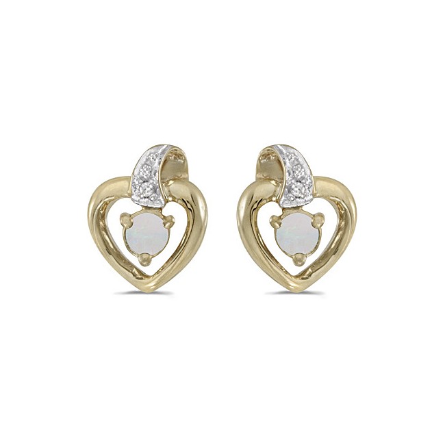 10k Yellow Gold Round Opal And Diamond Heart Earrings