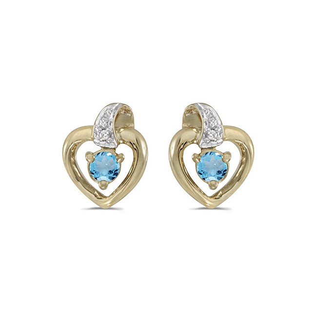 10k Yellow Gold Round Blue Topaz And Diamond Heart Earrings