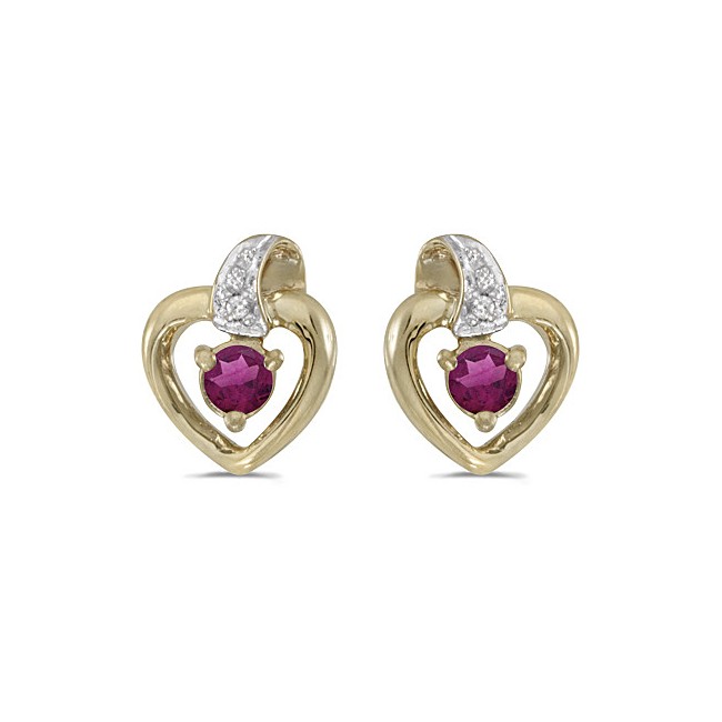 10k Yellow Gold Round Rhodolite Garnet And Diamond Heart Earrings