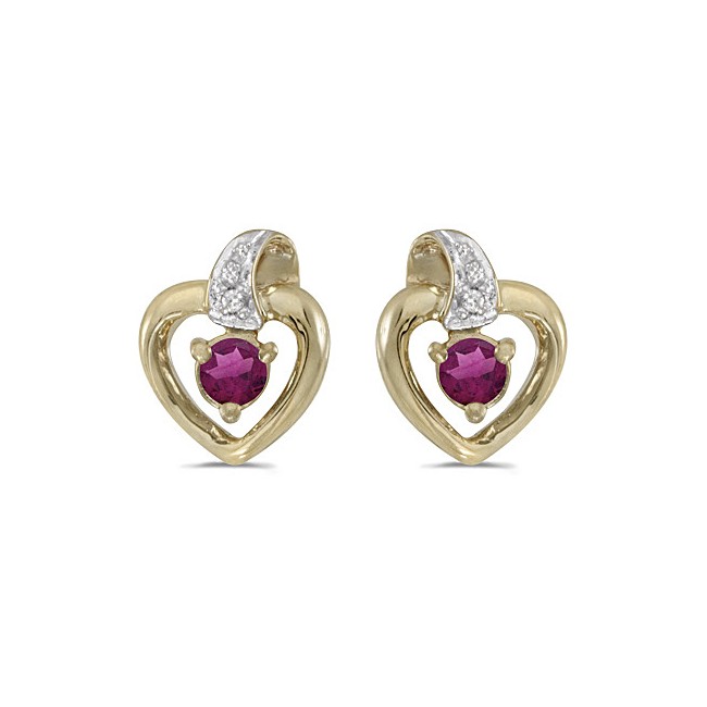 10k Yellow Gold Round Rhodolite Garnet And Diamond Heart Earrings