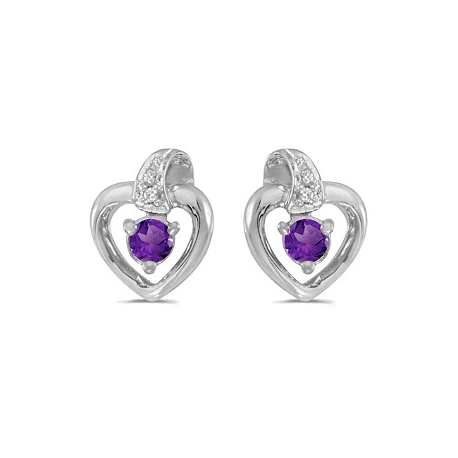 10k White Gold Round Amethyst And Diamond Heart Earrings