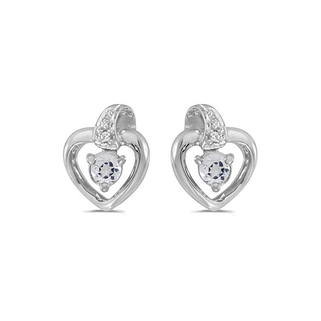 10k White Gold Round White Topaz And Diamond Heart Earrings
