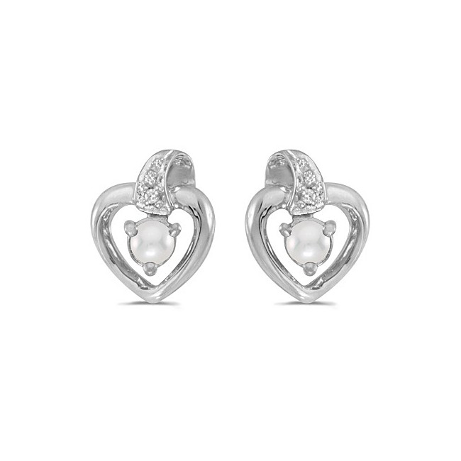10k White Gold Pearl And Diamond Heart Earrings