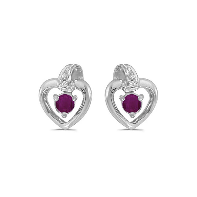 10k White Gold Round Ruby And Diamond Heart Earrings