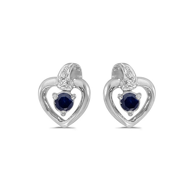 10k White Gold Round Sapphire And Diamond Heart Earrings