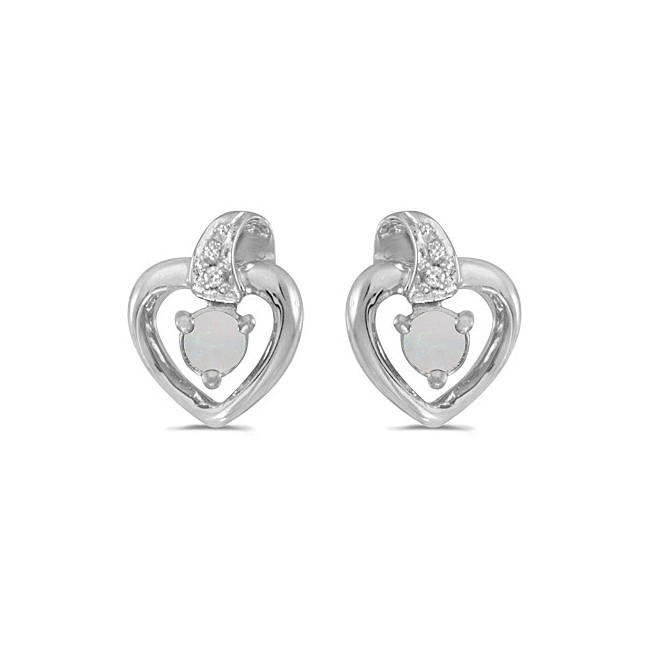 10k White Gold Round Opal And Diamond Heart Earrings