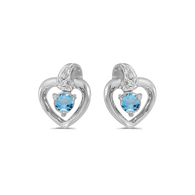 10k White Gold Round Blue Topaz And Diamond Heart Earrings