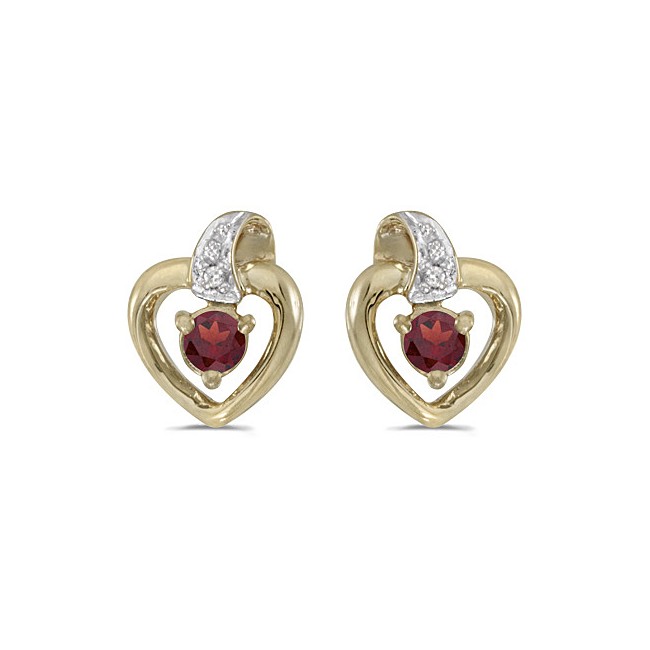 14k Yellow Gold Round Garnet And Diamond Heart Earrings