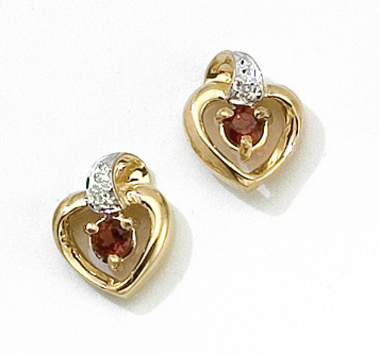 14k Yellow Gold Round Garnet And Diamond Heart Earrings