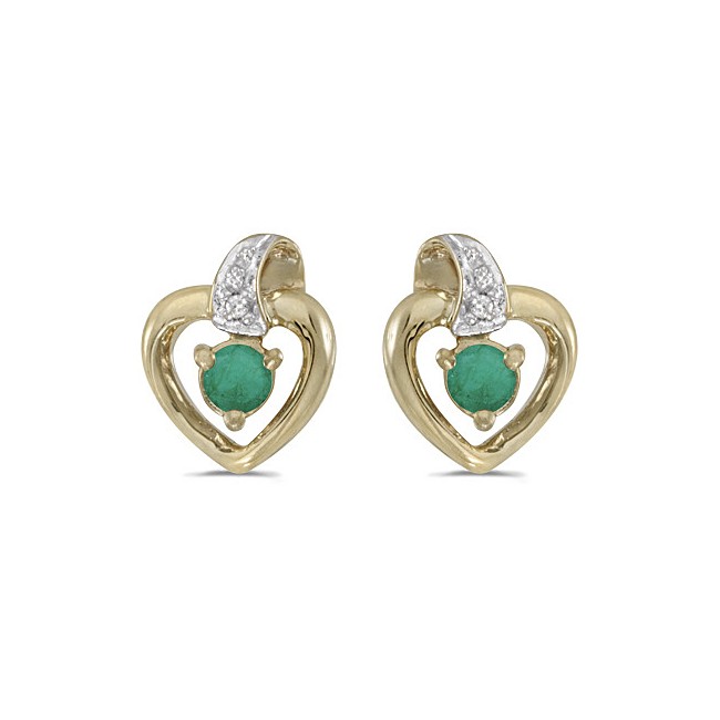 14k Yellow Gold Round Emerald And Diamond Heart Earrings