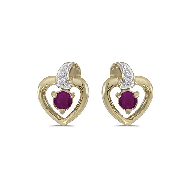 14k Yellow Gold Round Ruby And Diamond Heart Earrings