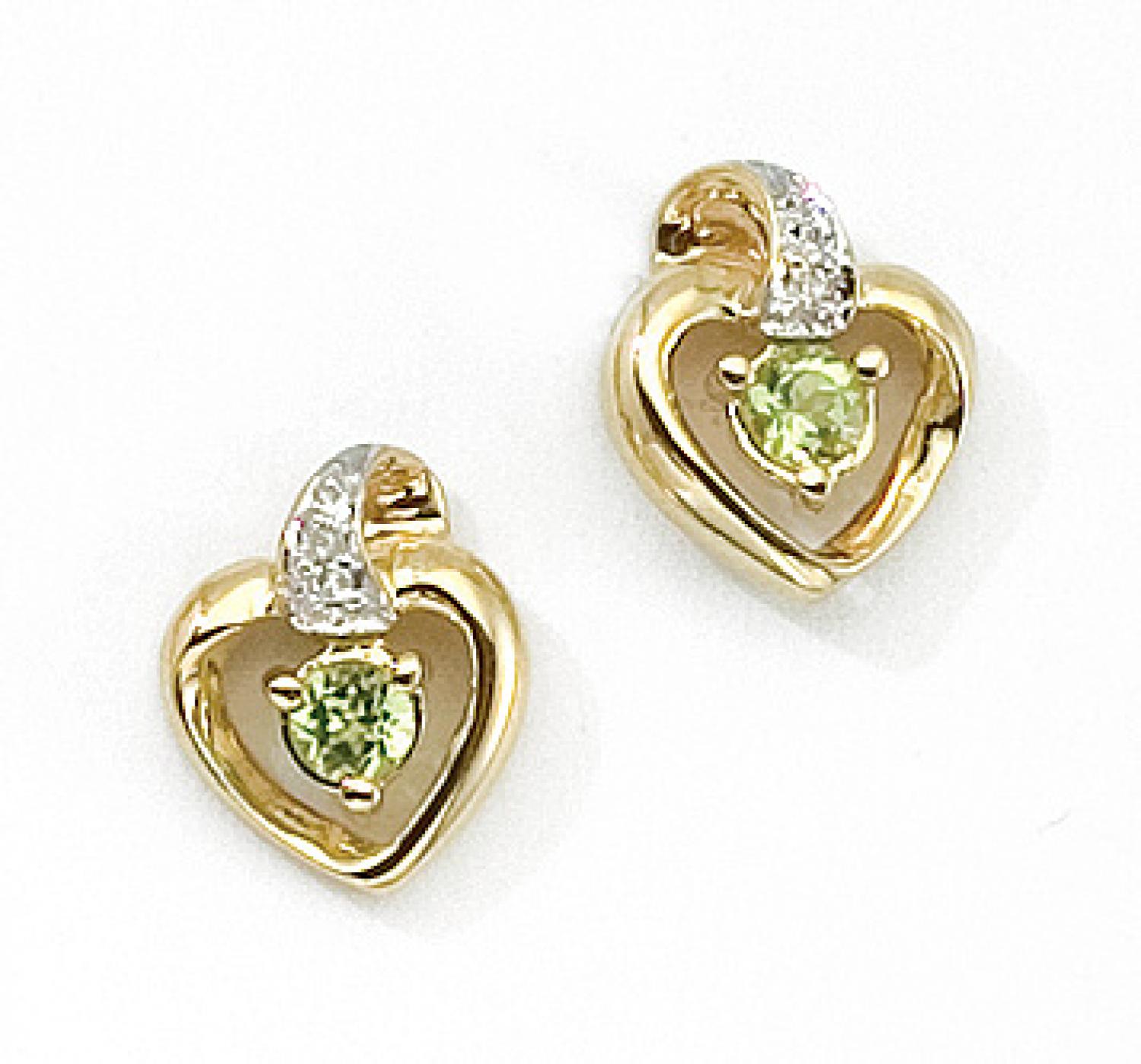 14k Yellow Gold Round Peridot And Diamond Heart Earrings